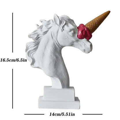Modern white horse head sculpture with decorbites horse head design features a resin waffle cone horn topped with pink ice cream