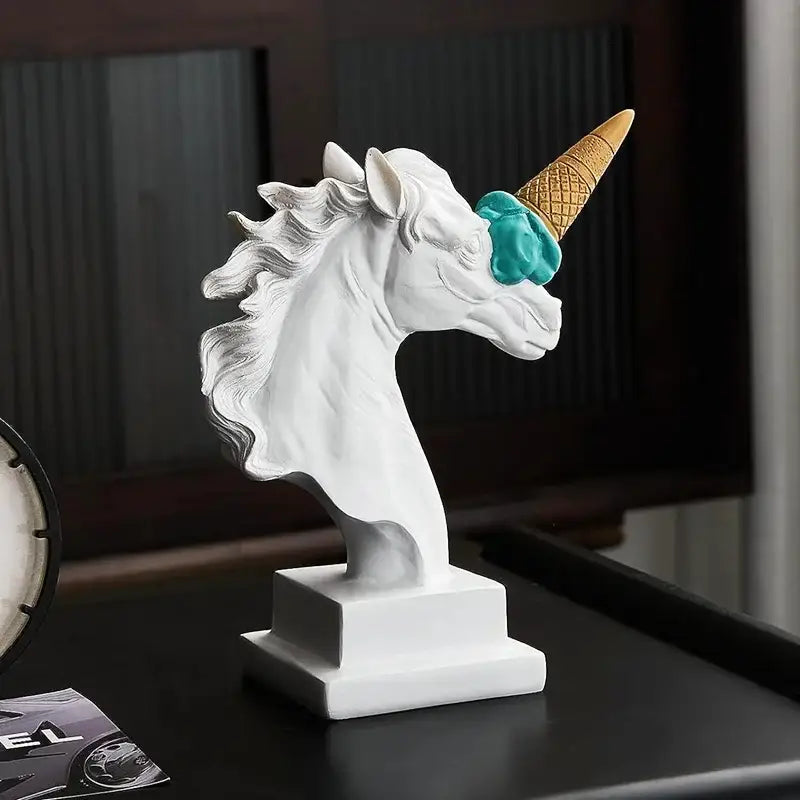 Modern white horse head sculpture decorbites horse head made of resin with golden waffle cone and teal ice cream horn for living room decor