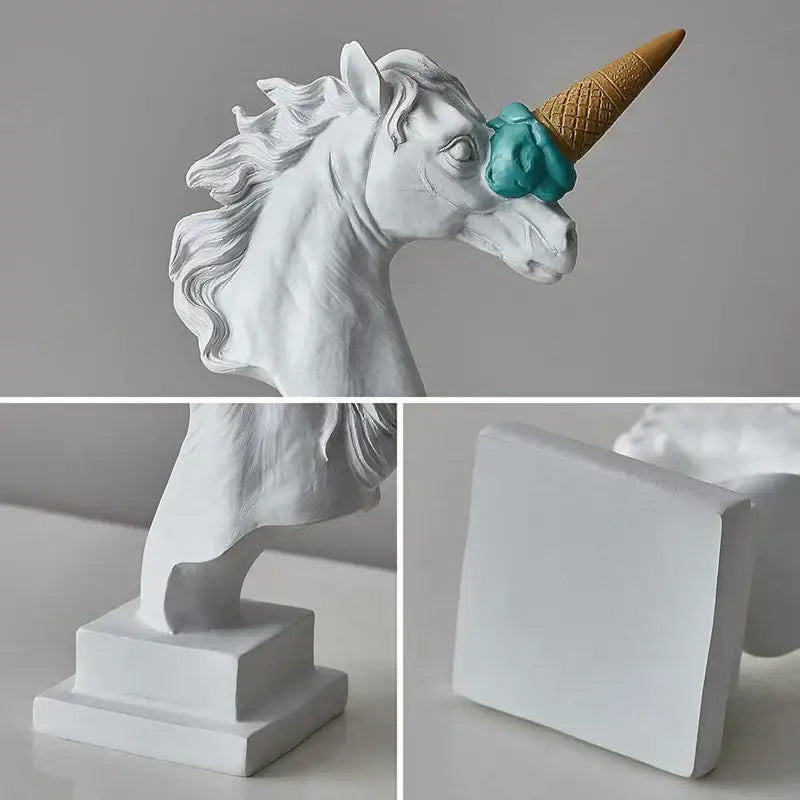 Modern white horse head sculpture decorbites horse head made of resin with a golden waffle cone and teal ice cream horn