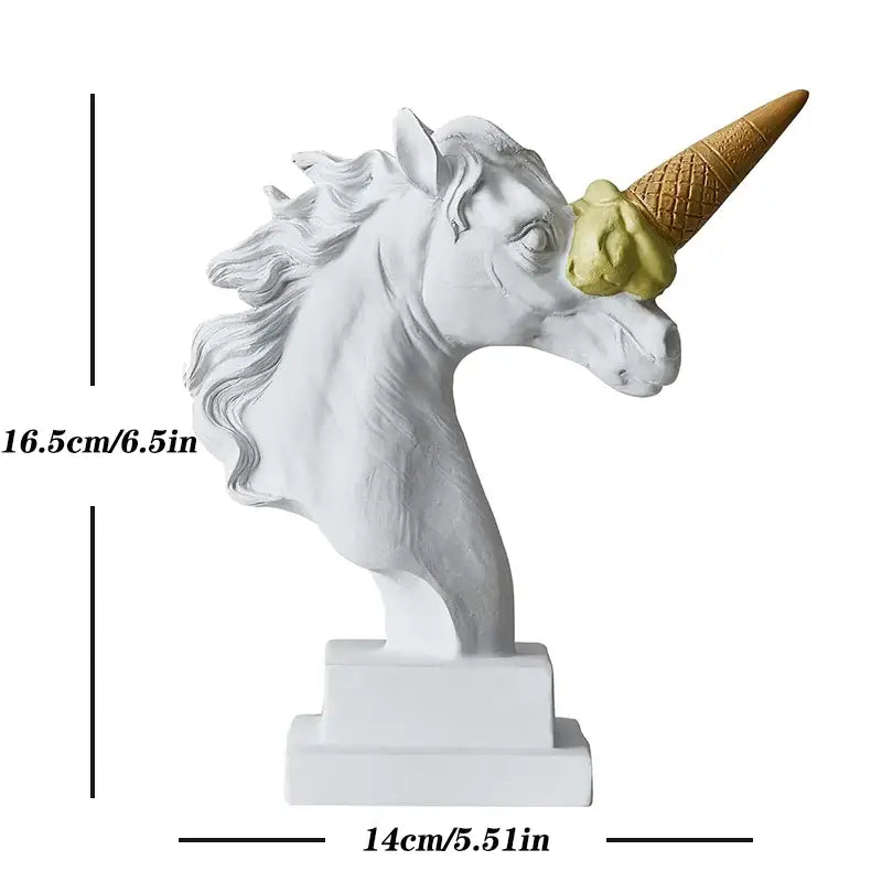 Modern white resin horse head sculpture with green ice cream cone horn by decorbites for living room decor