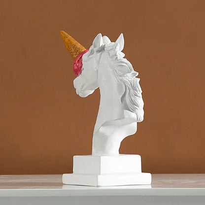 Modern white horse head sculpture with ice cream horn in pink and gold on white base for living room decorbites horse head