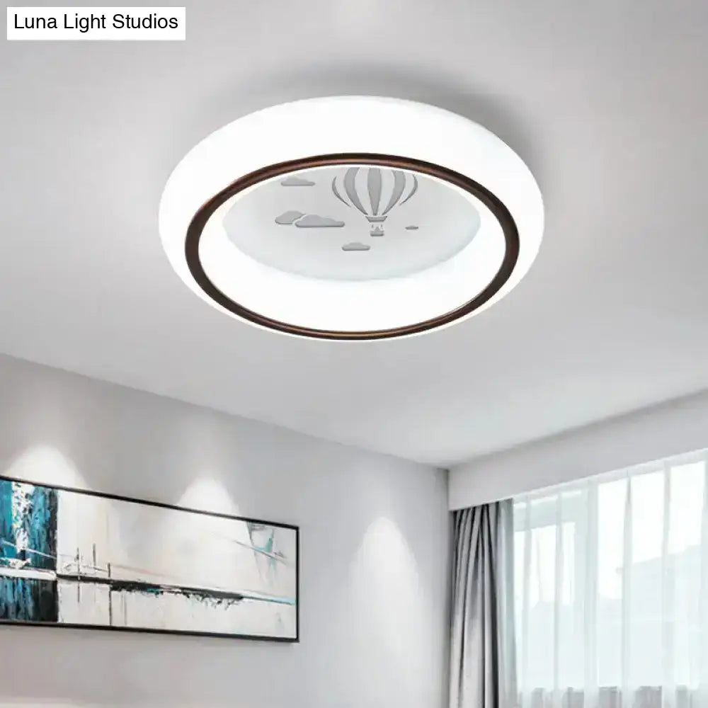 DecorBites™ contemporary LED ceiling lamp with white frosted glass featuring etched hot air balloon and dark brown ring