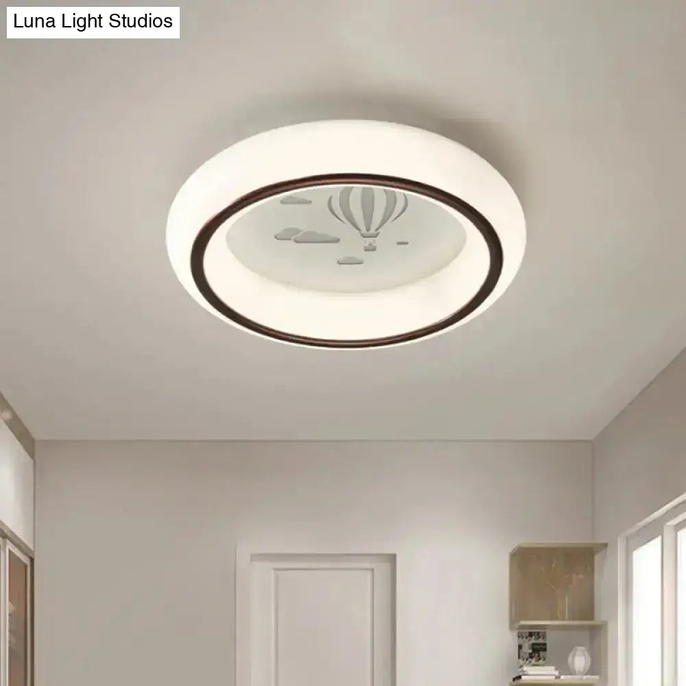 Decorbites™ contemporary led ceiling lamp with white frosted glass diffuser and etched hot air balloon design