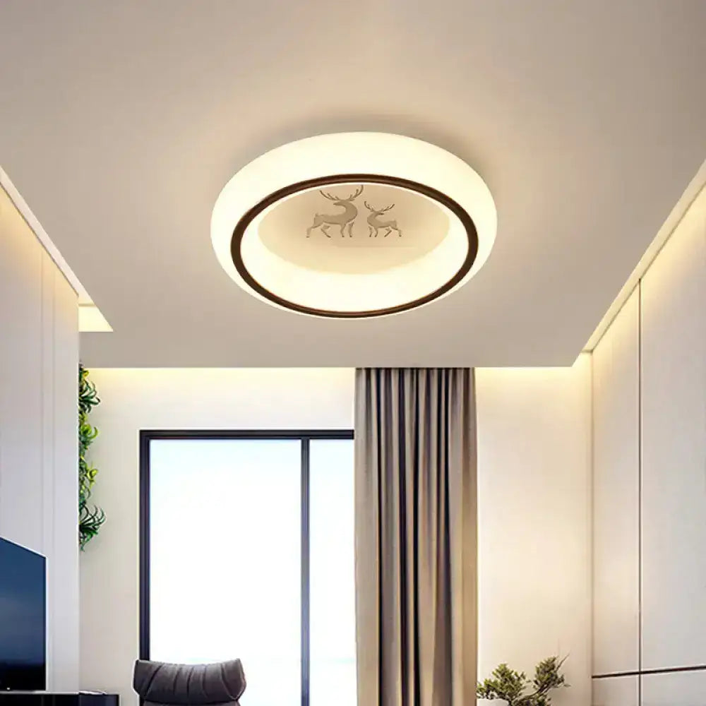 Decorbites™ contemporary led ceiling lamp in white with warm white glow, deer silhouettes, and a subtle hot air balloon design