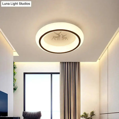 Decorbites™ contemporary led ceiling lamp in white with warm glow, dark brown deer, black ring, and hot air balloon design