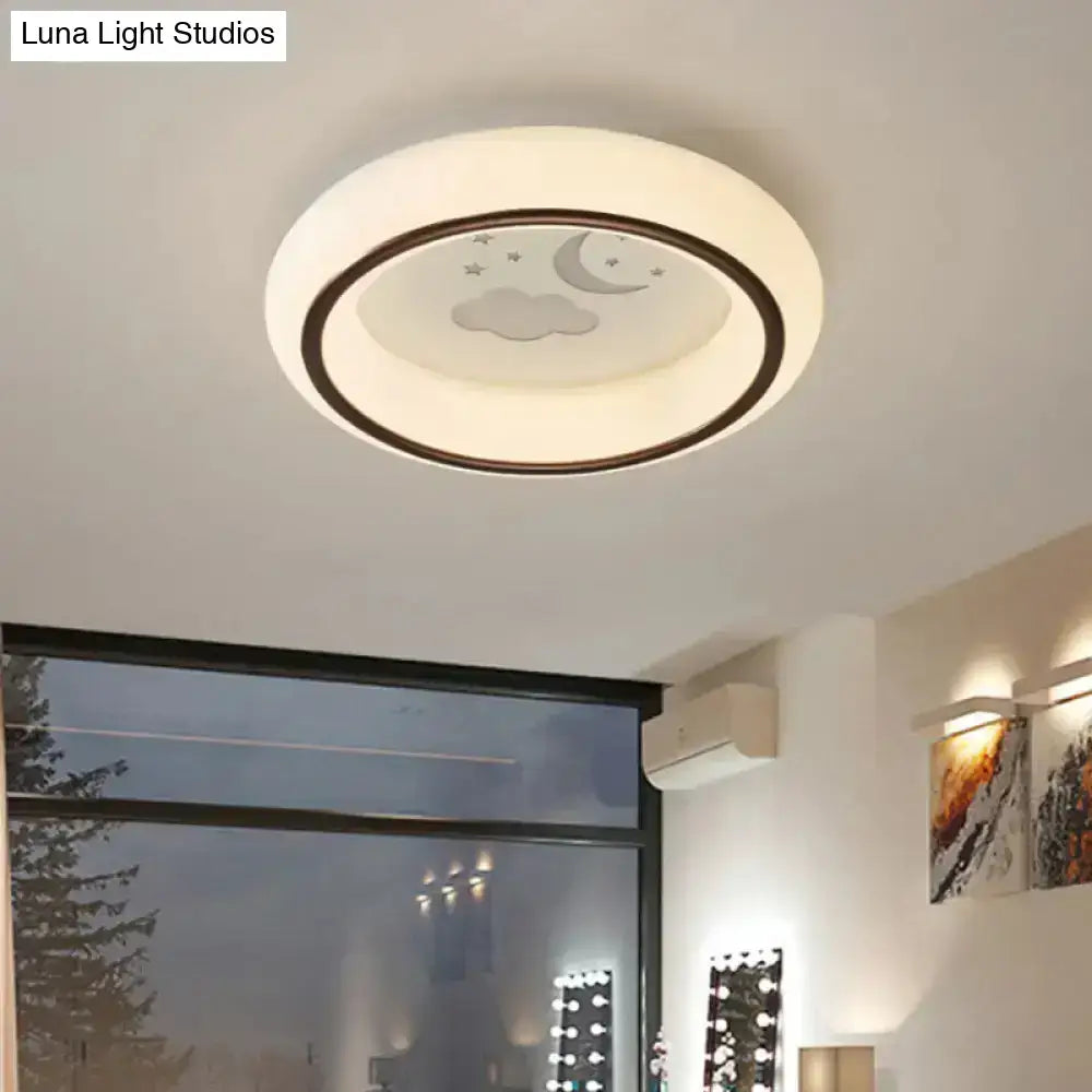 Decorbites™ contemporary led ceiling lamp in white with soft glow dark brown rim featuring moon, deer, and hot air balloon design