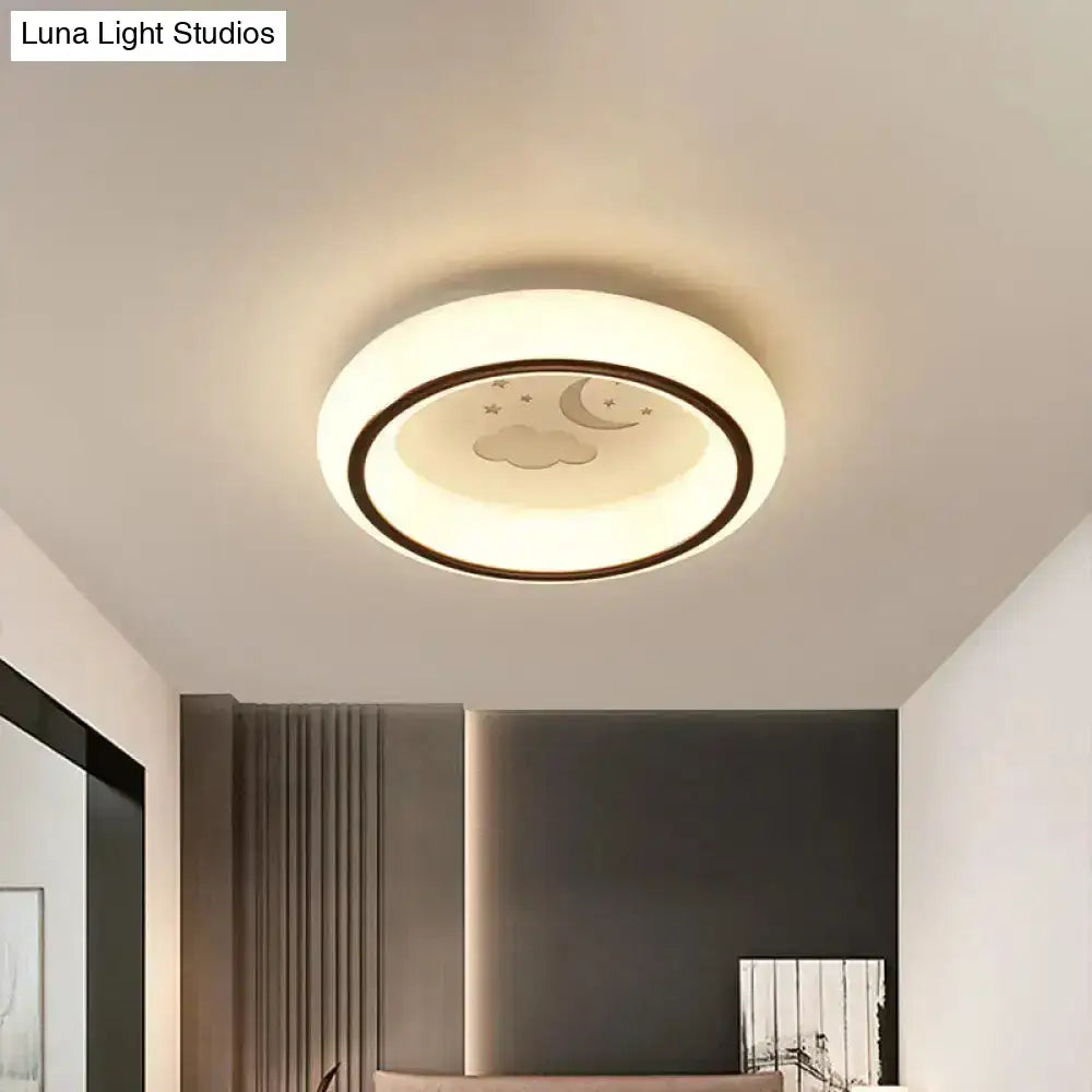 DecorBites™ white LED ceiling lamp with a dark rim and moon cloud stars design featuring air balloon accents
