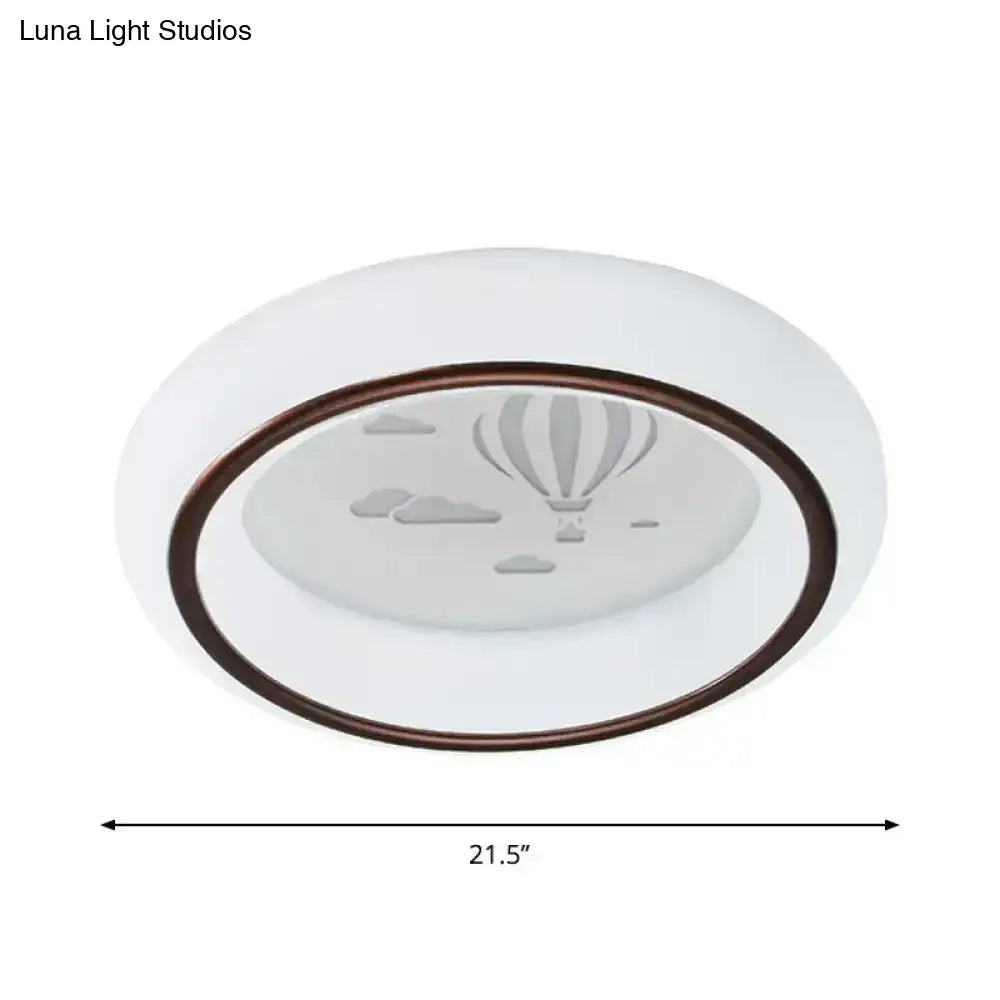 Decorbites™ contemporary led ceiling lamp in white with bronze rim and etched hot air balloon design flush light