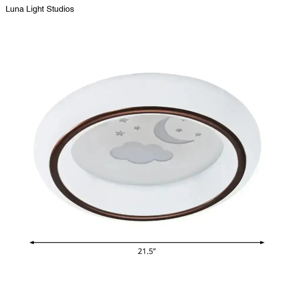 Decorbites™ contemporary led ceiling lamp in white with bronze rim frosted glass embossed with moon cloud star and hot air balloon design