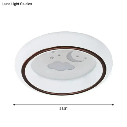 White ceiling light with bronze rim and frosted glass embossed with moon cloud star featuring hot air balloon design
