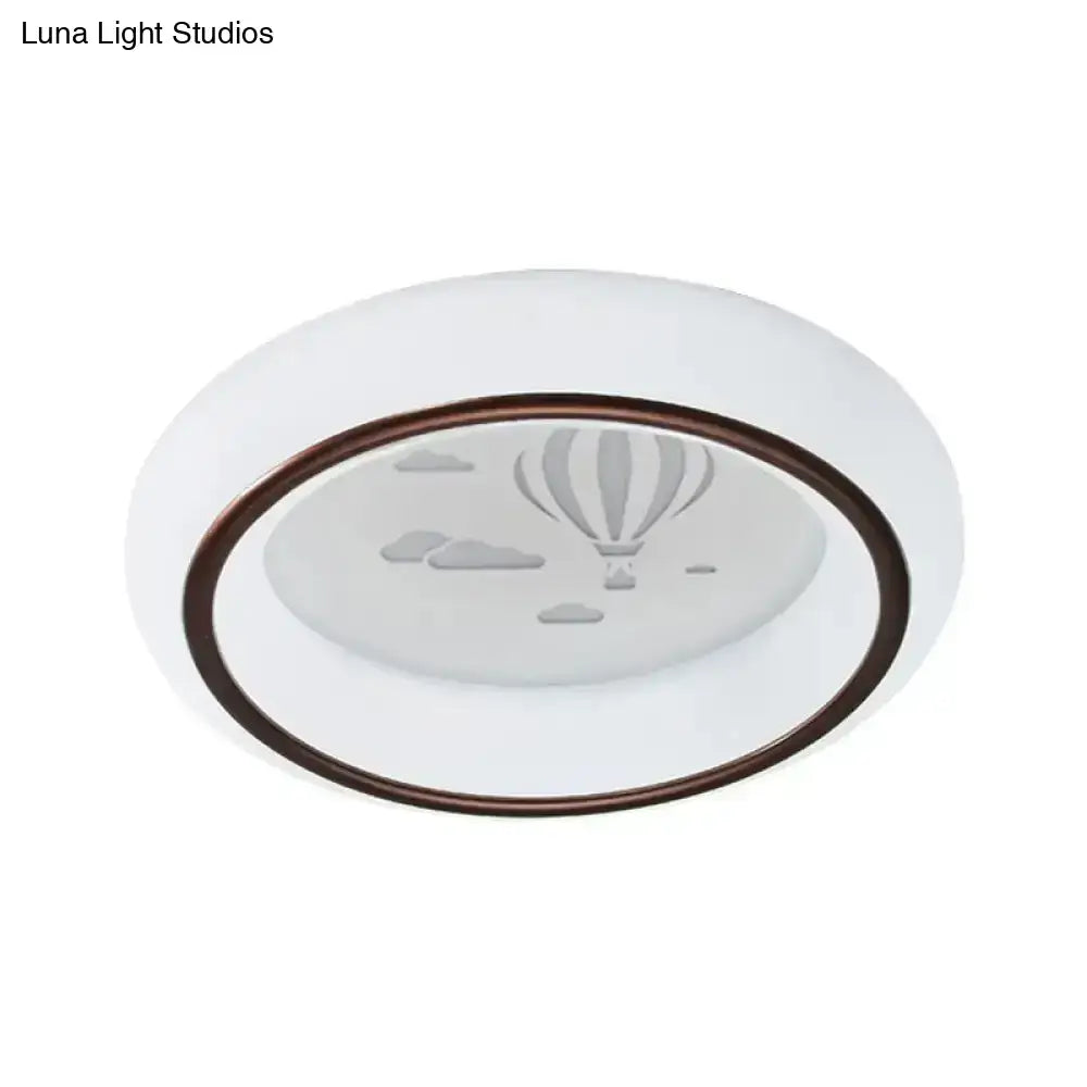 Decorbites™ contemporary led ceiling lamp in white with bronze frame featuring etched hot air balloon design