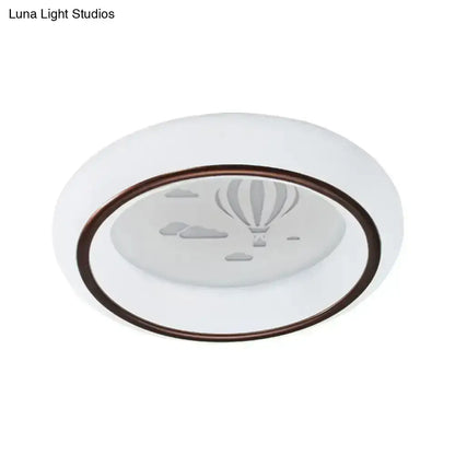 Decorbites™ contemporary led ceiling lamp in white with bronze frame featuring etched hot air balloon design