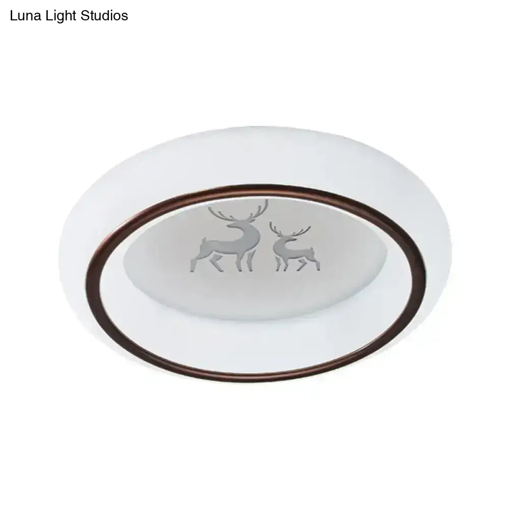Decorbites™ contemporary white oval ceiling lamp with bronze rim frosted glass featuring etched deer and hot air balloon designs