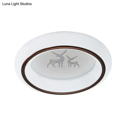 Decorbites™ contemporary white oval ceiling lamp with bronze rim frosted glass featuring etched deer and hot air balloon designs