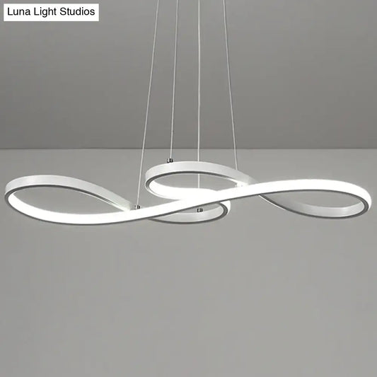 Modern white metal infinity-shaped led chandelier with minimalist design and thin cords for dining room with gear remote control