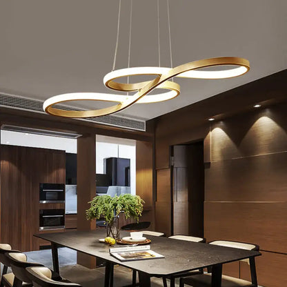 Gold infinity-shaped minimalist metal led island light with warm glow and third gear remote control for dining room
