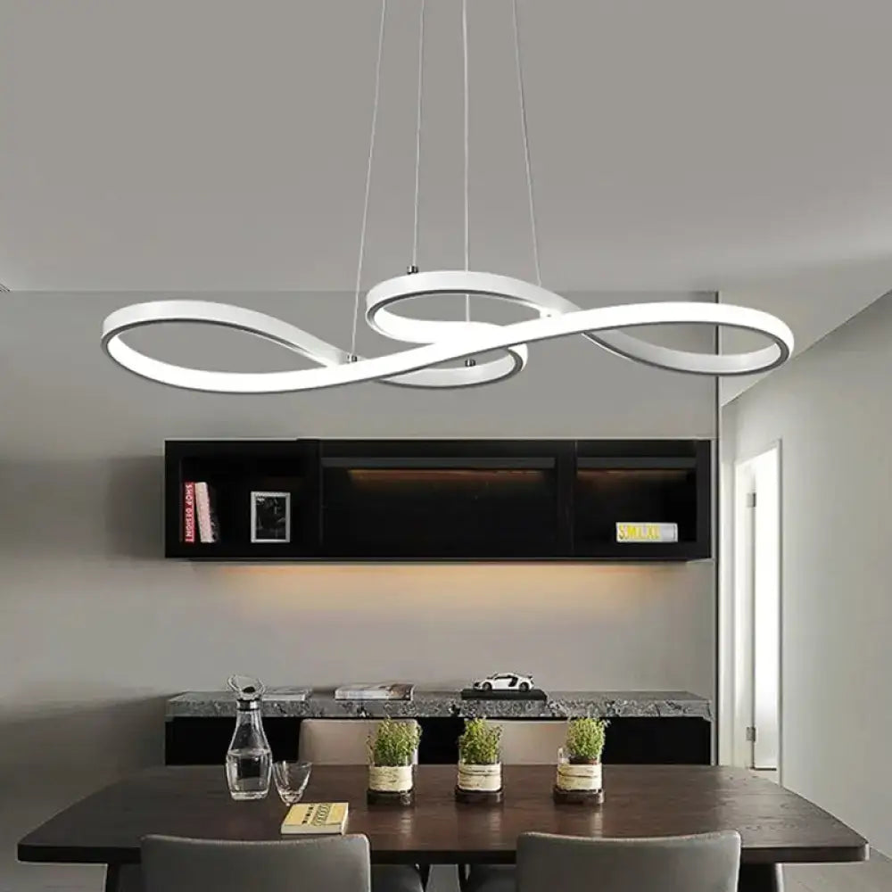 Modern white infinity-loop pendant light with metallic finish by decorbites™ featuring gear remote control for dining room use