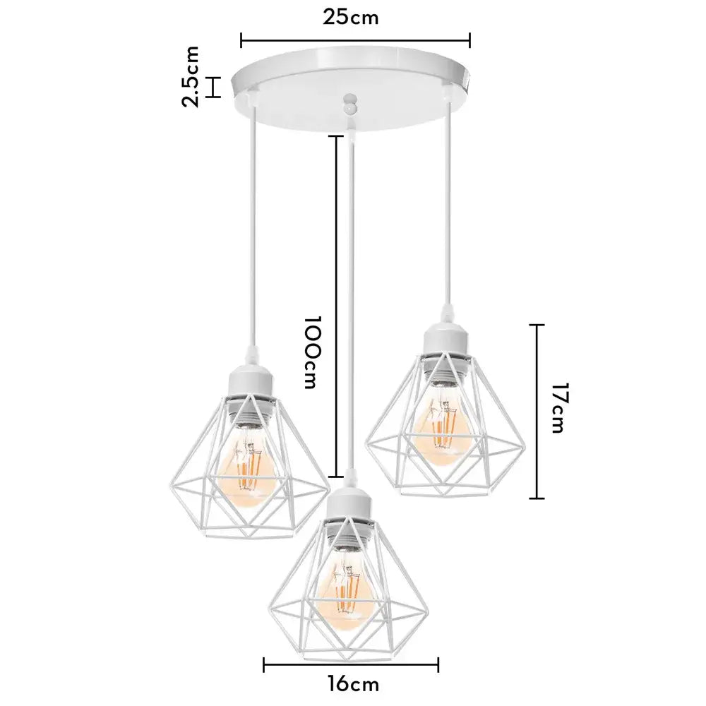 Modern white iron cage pendant lights featuring three diamond-shaped wire cages with warm filament bulbs for decorbites