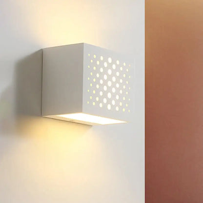 Modern white laser cut cube wall light with circular cutouts gypsum sconce for bedroom lighting