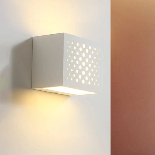 Modern white laser cut cube wall light with circular cutouts gypsum sconce for bedroom lighting