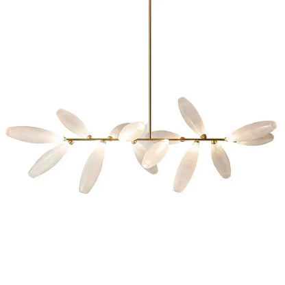 Modern white leaf elegant glass led pendant light with slender gold-toned rod and opal-like shades for dining room decorbites elegant glass decor