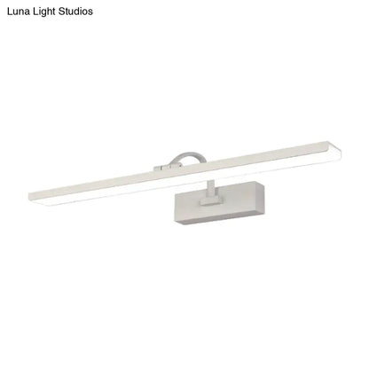 Modern white led bathroom vanity sconce with a sleek rectangular design and a minimalist curved arm mounting bracket