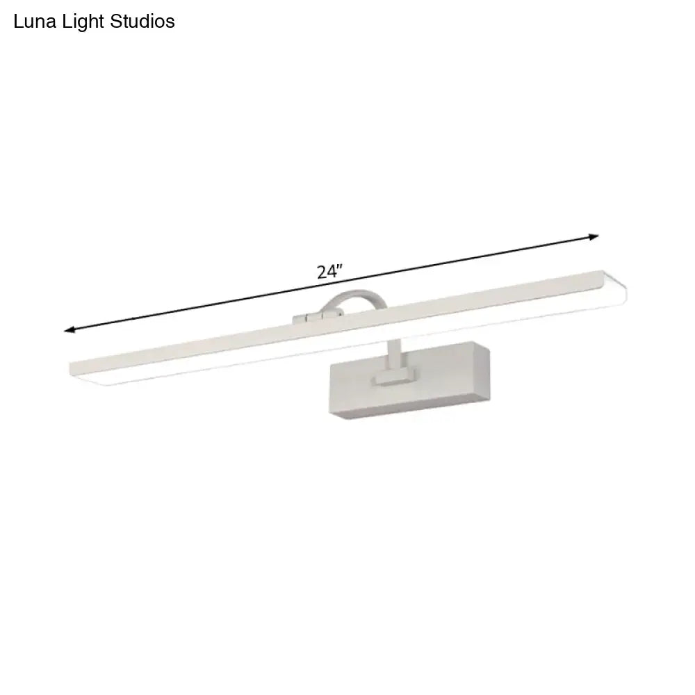 Modern white led bathroom vanity sconce with curved arm featuring a sleek 24-inch white rectangular design and minimalist bracket