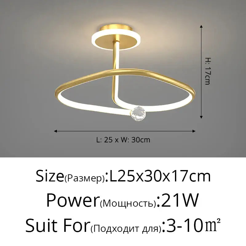Gold-toned decorbites led ceiling light chandelier with two interlocking rings and crystal accent for living room decor