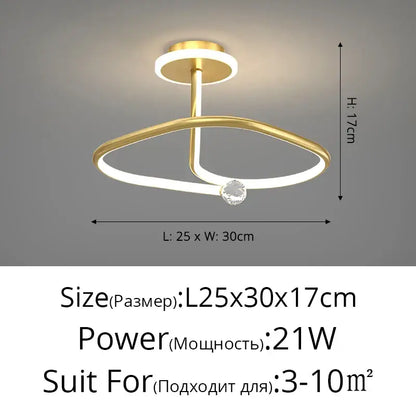 Gold-toned decorbites led ceiling light chandelier with two interlocking rings and crystal accent for living room decor