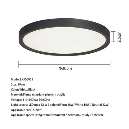Modern white led ceiling light with 30cm diameter black frame and flame-retardant acrylic diffuser decorbites led ceiling light