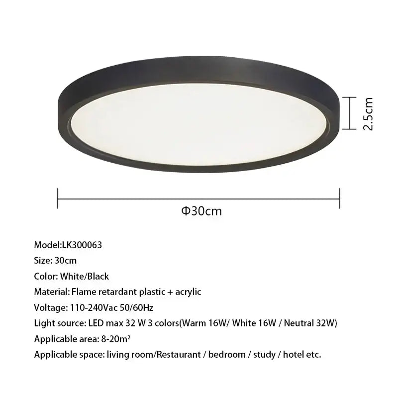 Modern white led ceiling light with 30cm diameter black frame and flame-retardant acrylic diffuser decorbites led ceiling light