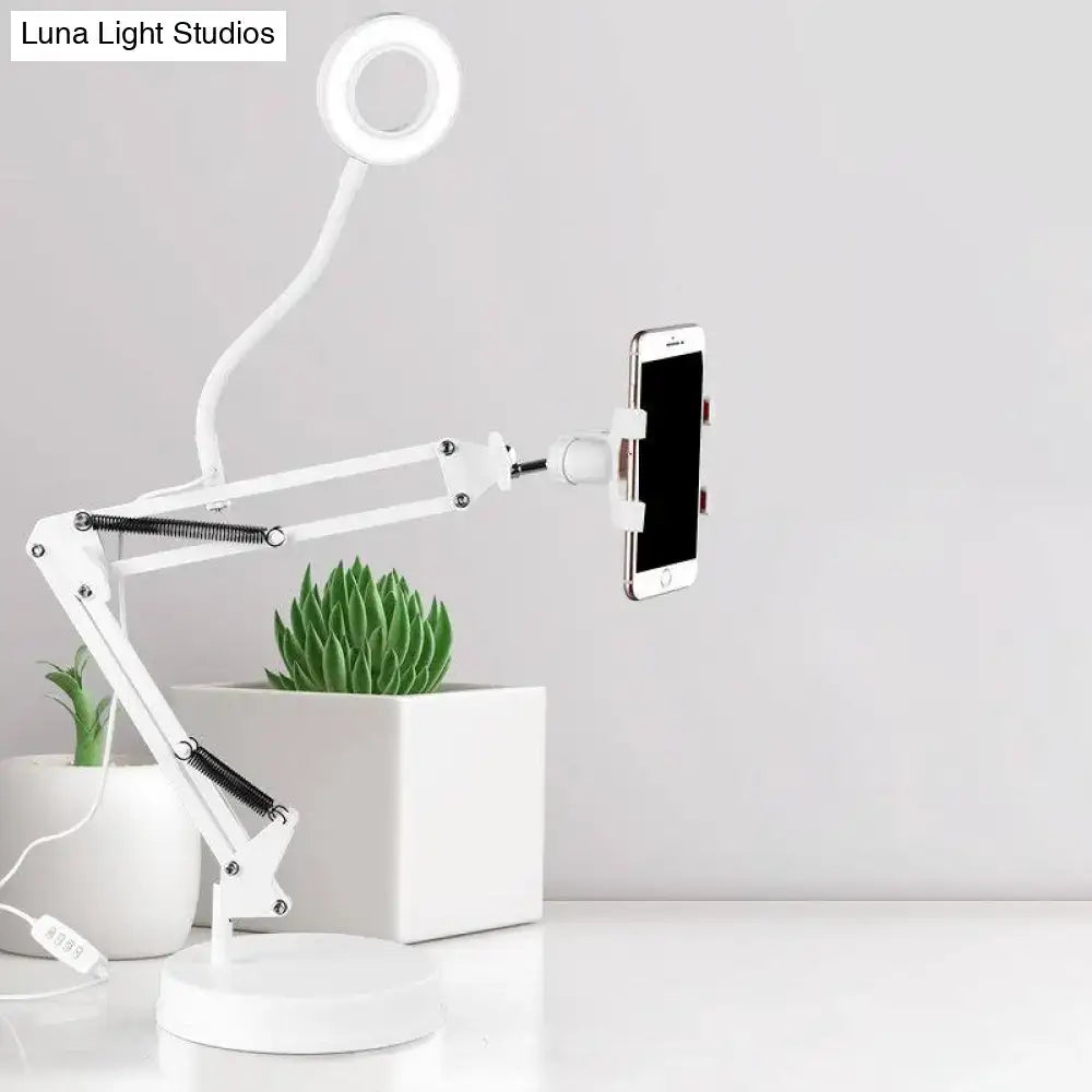 Modern white led desk lamp with mobile phone support and ring light for vanity lighting in bedroom use