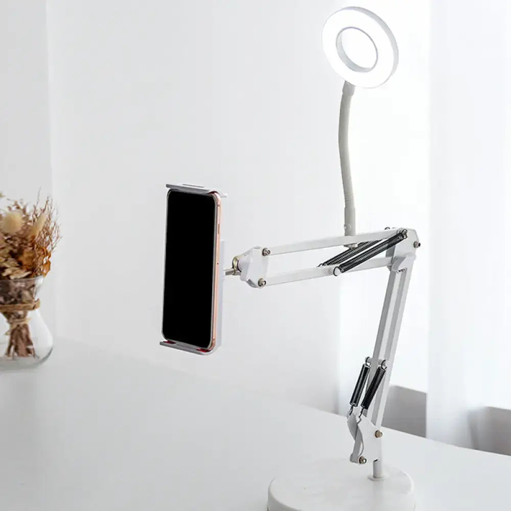 Modern white led desk lamp with mobile phone support and ring light for vanity lighting and bedroom use