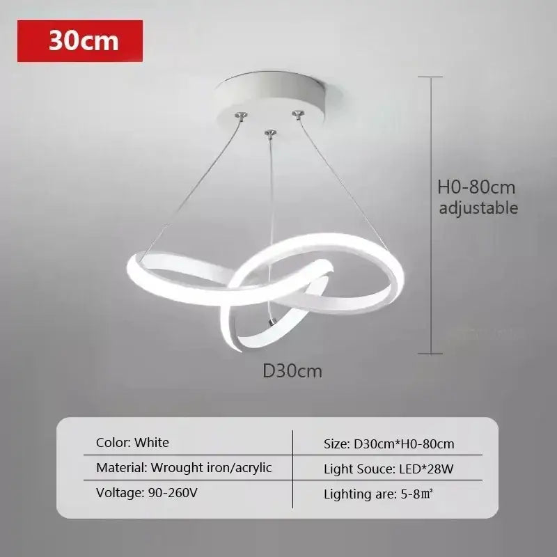 Modern white led pendant light with interlocking wrought iron and acrylic rings helps create ambient dining room light source