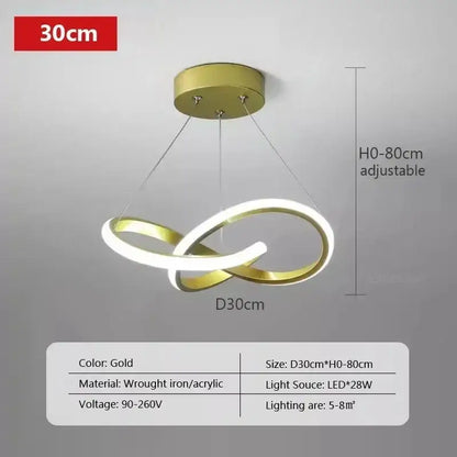 Gold-colored modern pendant light with intertwined wrought iron and acrylic rings helps create ambient dining room light source