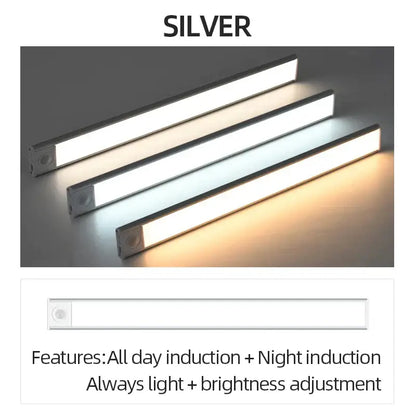 Modern white led motion sensor cabinet light with silver led strip lights and adjustable brightness for kitchen and bedroom