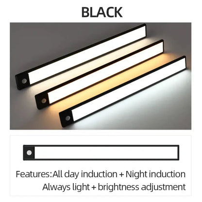 Black rectangular led motion sensor cabinet light with adjustable brightness for modern kitchen and bedroom use