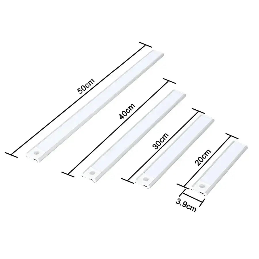 Set of four modern white led motion sensor cabinet lights in 20cm to 50cm lengths for kitchen and bedroom use