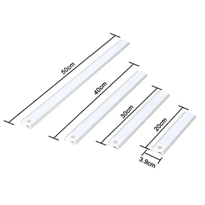 Set of four modern white led motion sensor cabinet lights in 20cm to 50cm lengths for kitchen and bedroom use