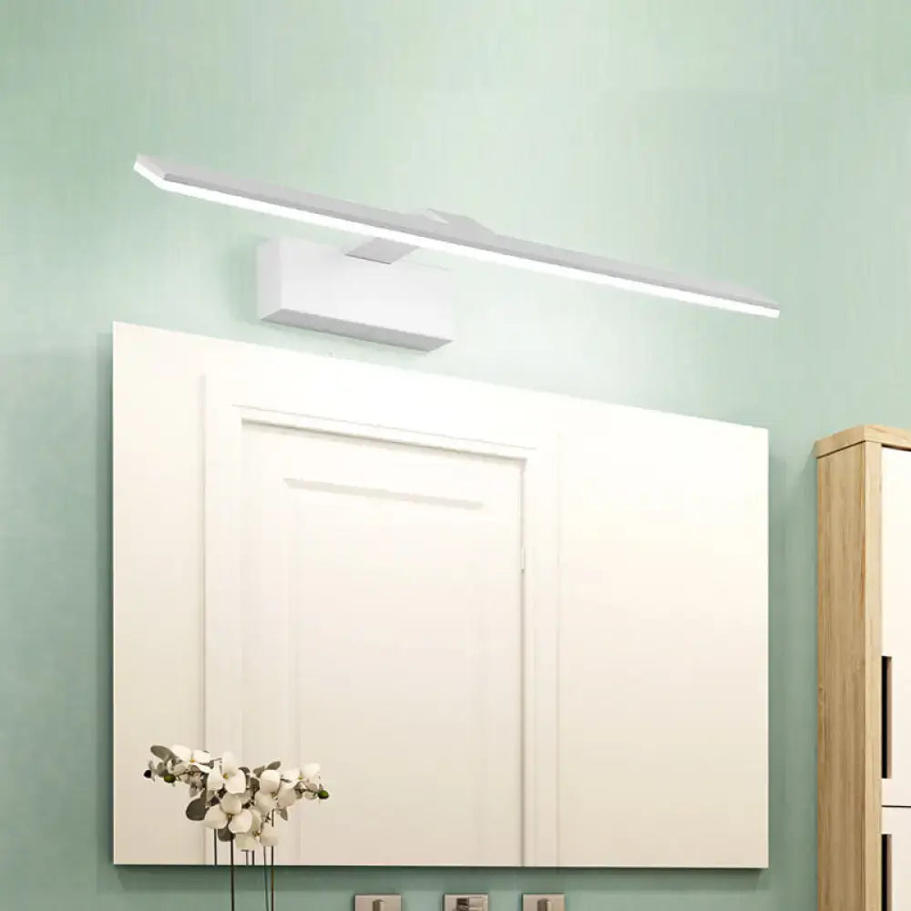 Modern white led wall mount light with rectangular acrylic design mounted above a bathroom mirror for vanity use