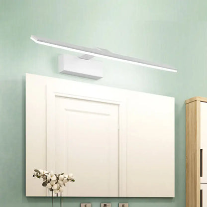 Modern white led wall mount light with rectangular acrylic design mounted above a bathroom mirror for vanity use