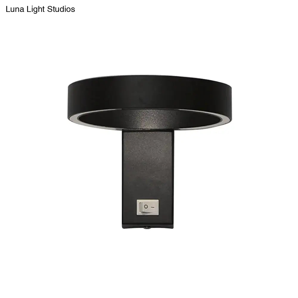 Modern white led wall sconce with black circular direct wired design and silver toggle switch bulb included for living room use