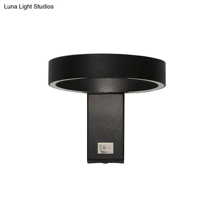 Modern white led wall sconce with black circular direct wired design and silver toggle switch bulb included for living room use