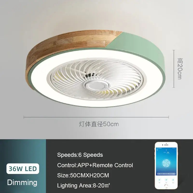 Modern white and light wood 52cm ceiling fan light with integrated led lighting and mint green trim for living room use