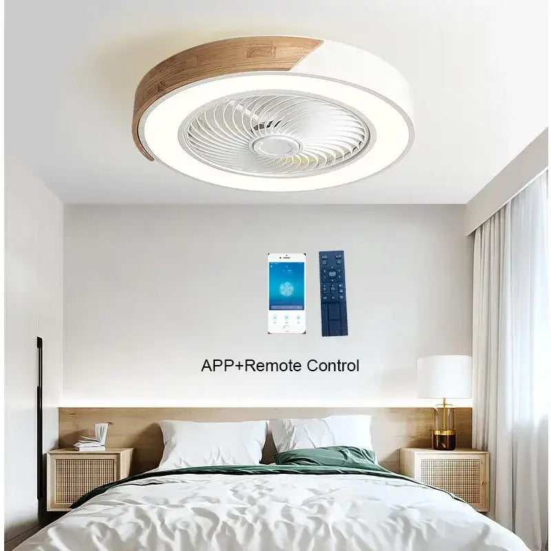 Modern white and light wood 52cm ceiling fan light with integrated LED lighting for living room use