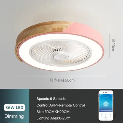 Modern white and light wood 52cm ceiling fan light with wooden ring and pink trim for living room ceiling fan lighting