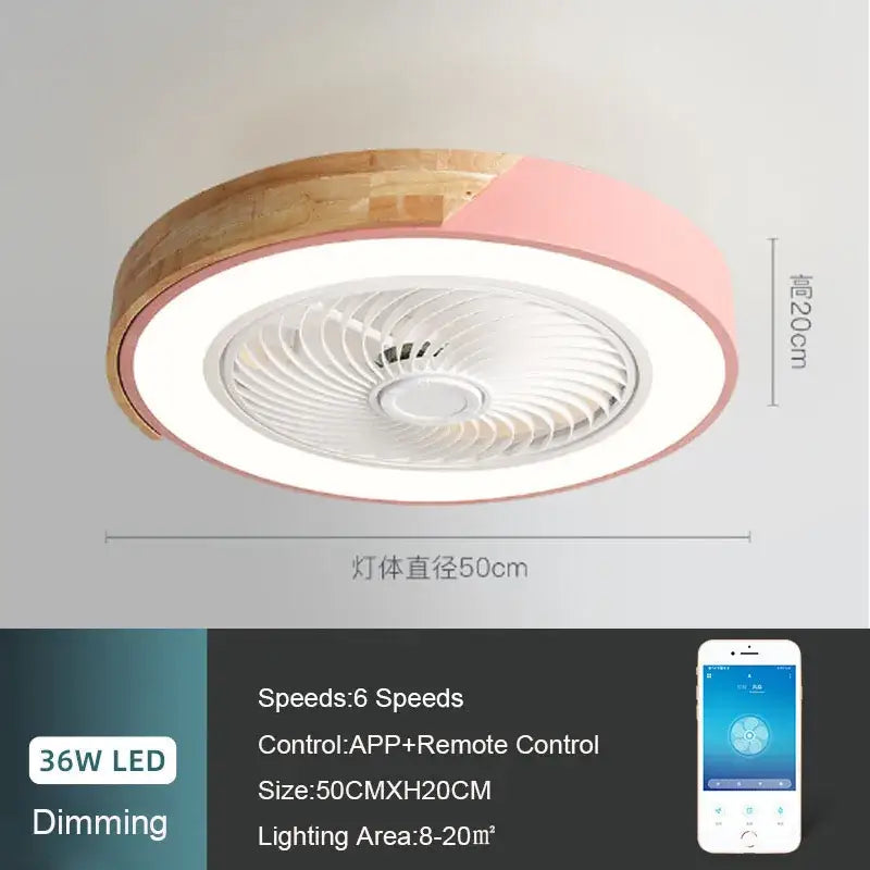 Modern white and light wood 52cm ceiling fan light with wooden ring and pink trim for living room ceiling fan lighting