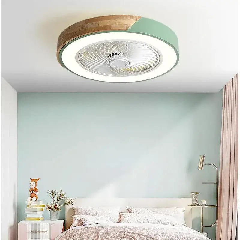 Modern white and light wood 52cm ceiling fan light with circular design, integrated led lighting, wood-grain and mint finish