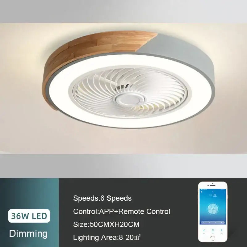 Modern 52cm ceiling fan light with wood-grain accent and gray metal frame for living room ceiling fan light