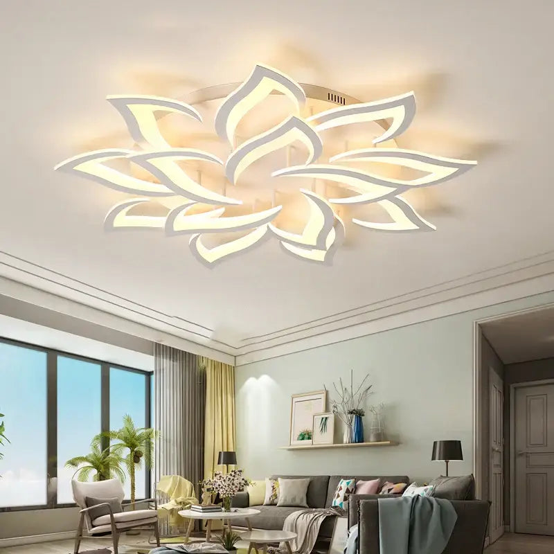 Modern white lotus flower ceiling light chandelier with delicate layered LED design for living room use